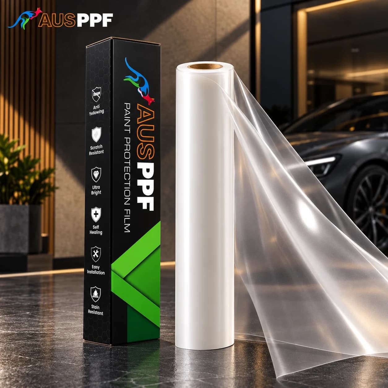 A roll of AusPPF Matte paint protection film unrolled beside its retail box, printed with the film's six stated properties.
