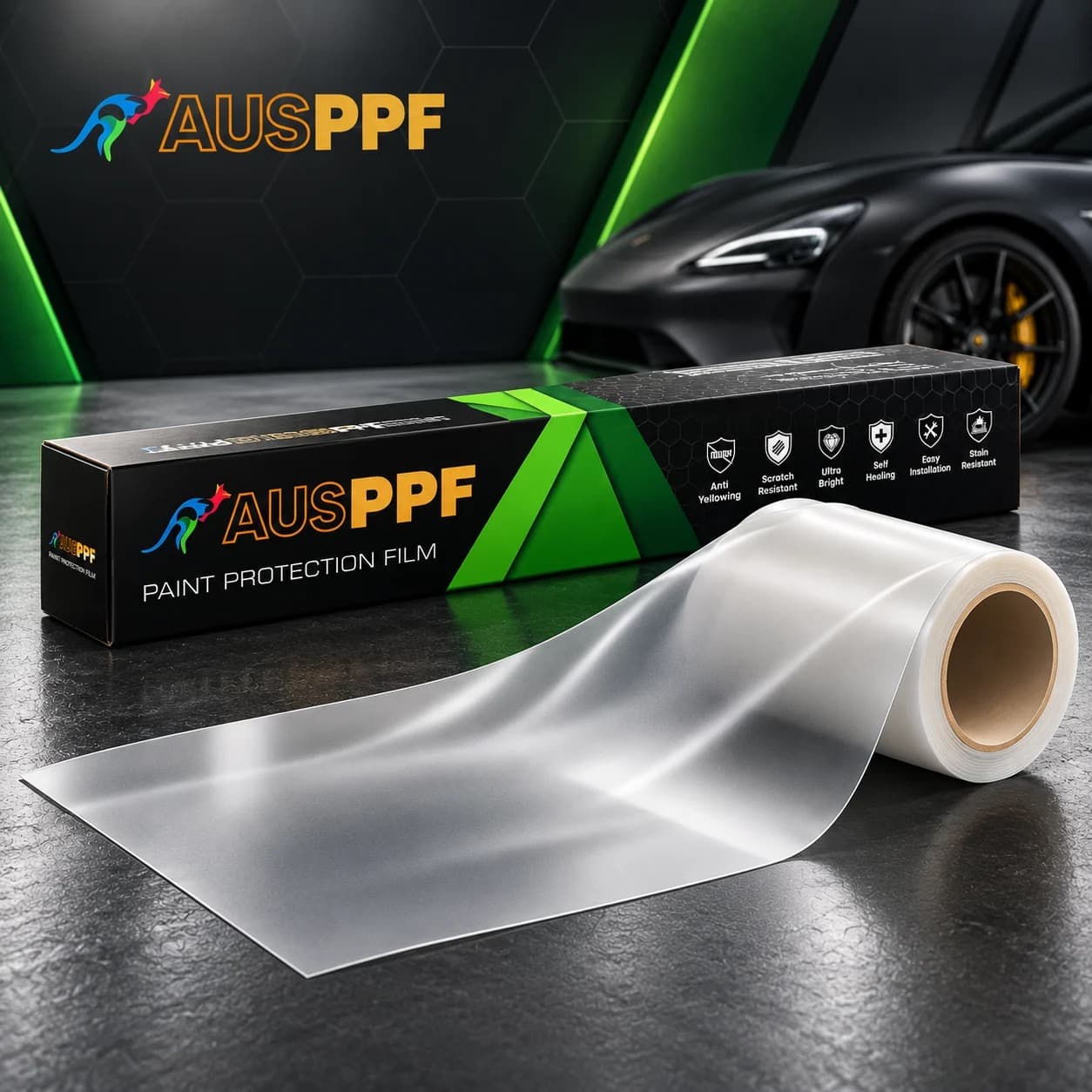 Another view of a roll of AusPPF Matte paint protection film beside its retail box.
