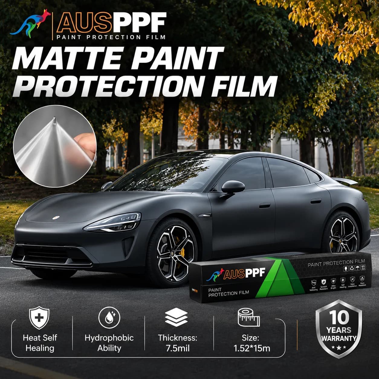 AusPPF Matte paint protection film on a car finished in the film, with feature callouts for heat self-healing, hydrophobic ability and roll size, and a 10-year warranty badge.