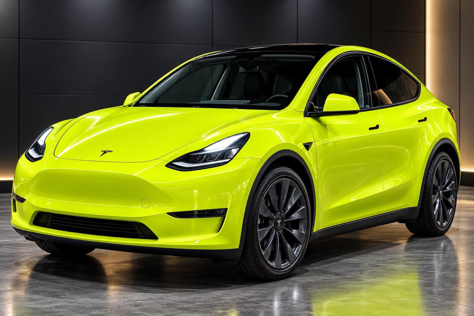 A vehicle wrapped in AusPPF Acid Green paint protection film, photographed in a showroom.