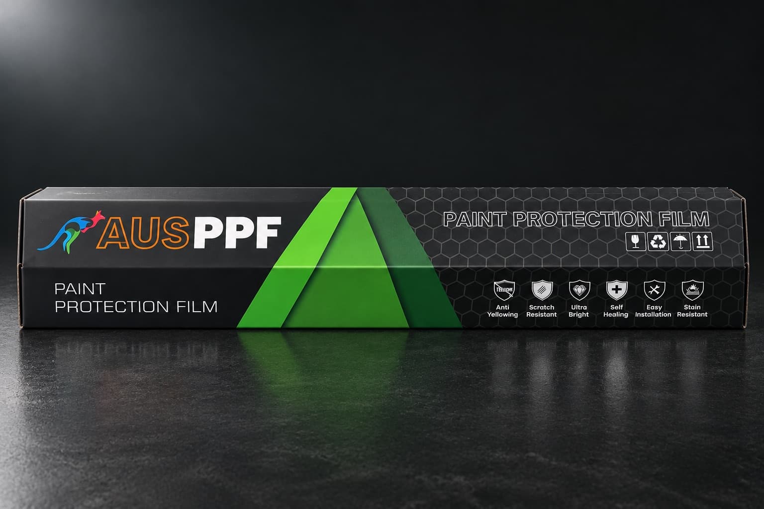 The AusPPF box straight on, with the six film properties printed along the side as icons: anti-yellowing, scratch resistant, ultra bright, self-healing, easy installation and stain resistant.