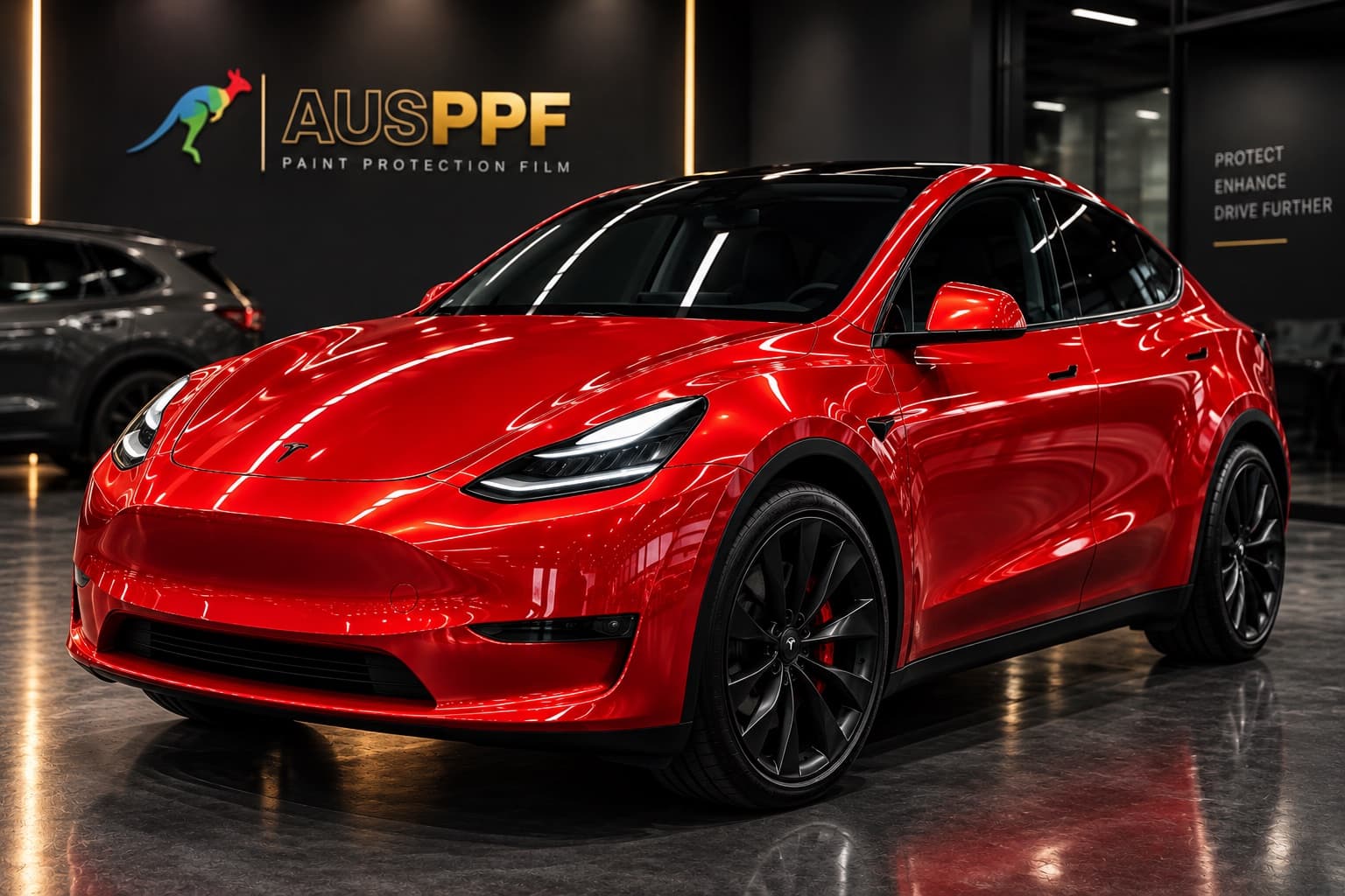 A red SUV wrapped in AusPPF Gloss Ferrari Red paint protection film, front three-quarter view in a showroom.