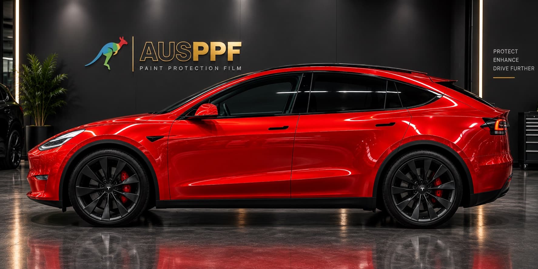 The same red SUV wrapped in AusPPF Gloss Ferrari Red paint protection film, side profile in a showroom.