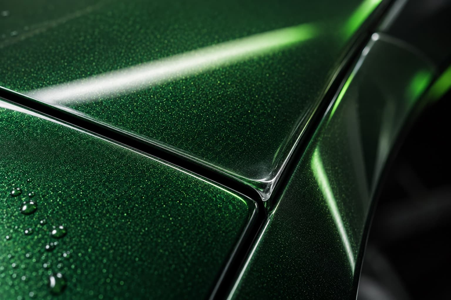 Close-up of glossy green paintwork with water beads sitting on the surface.