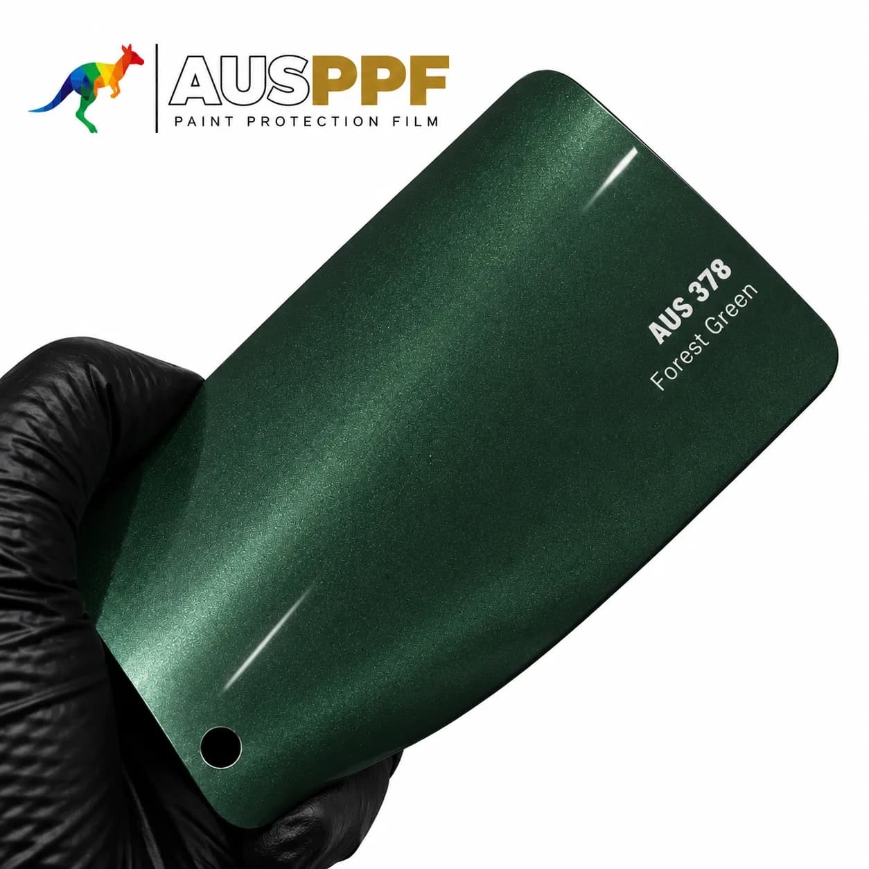 A gloved hand holding a swatch of AusPPF AUS-378 Forest Green PPF, showing its gloss finish.