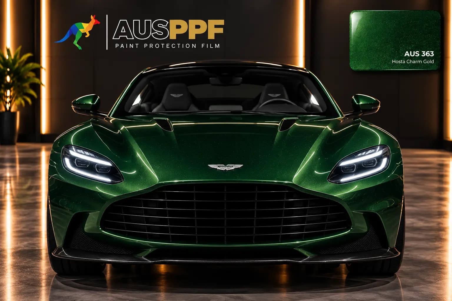A vehicle wrapped in AusPPF Hosta Charm Gold paint protection film, photographed in a showroom.