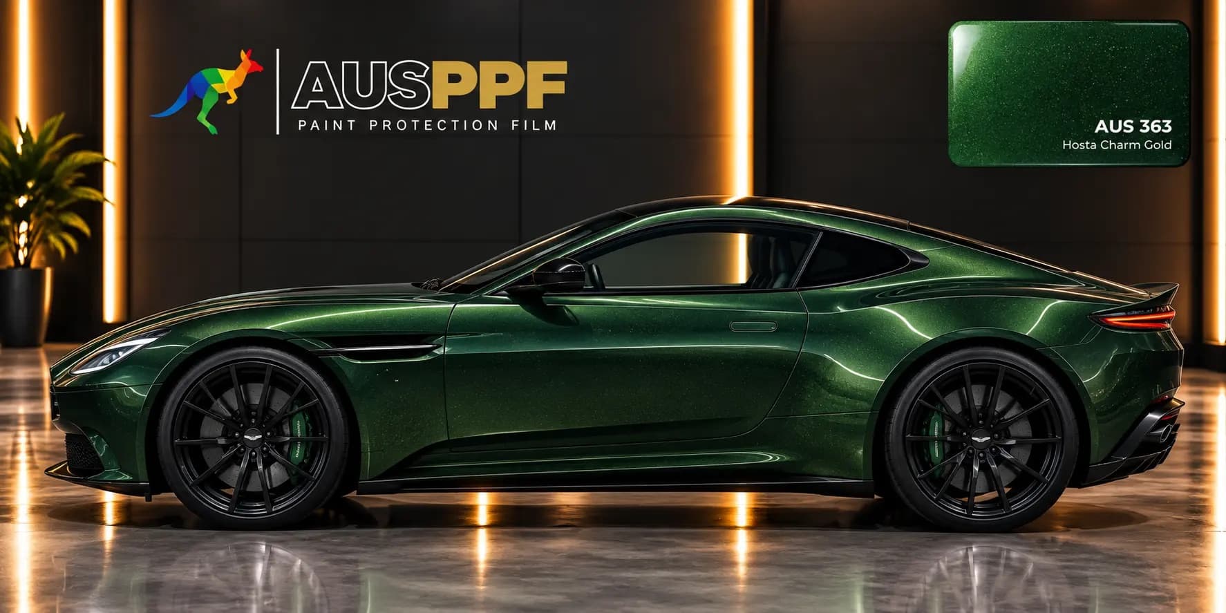 Another view of a vehicle wrapped in AusPPF Hosta Charm Gold paint protection film, in a showroom.