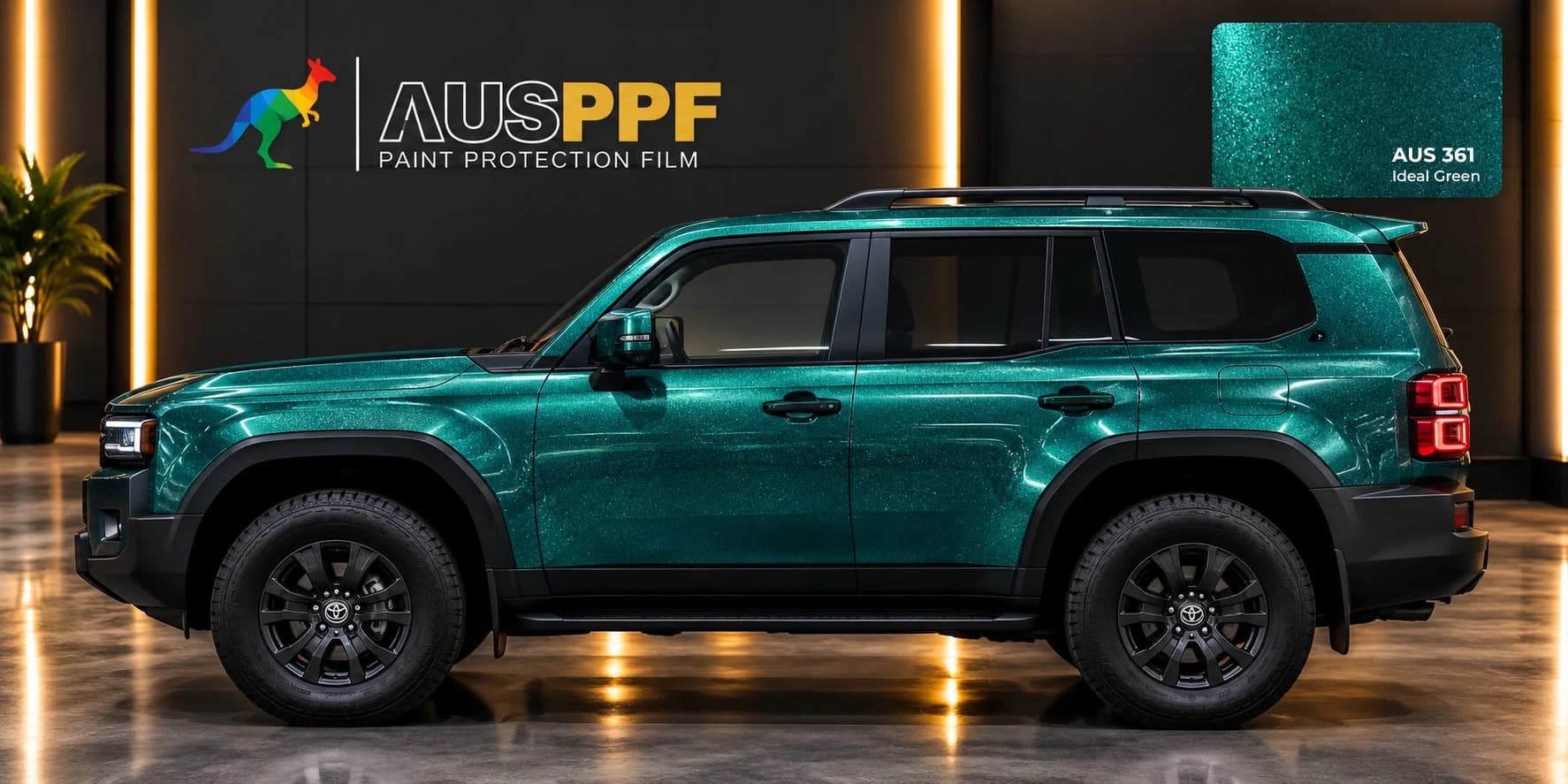 A vehicle wrapped in AusPPF Ideal Green paint protection film, photographed in a showroom.