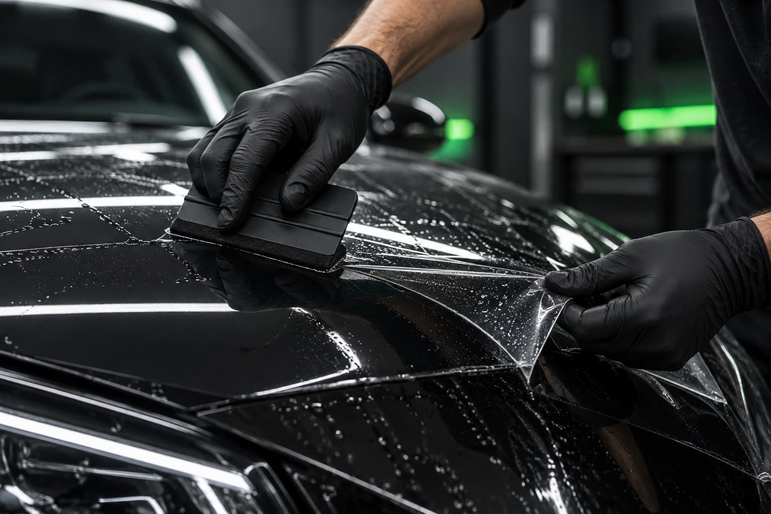An installer in black gloves squeegeeing paint protection film onto a car bonnet.