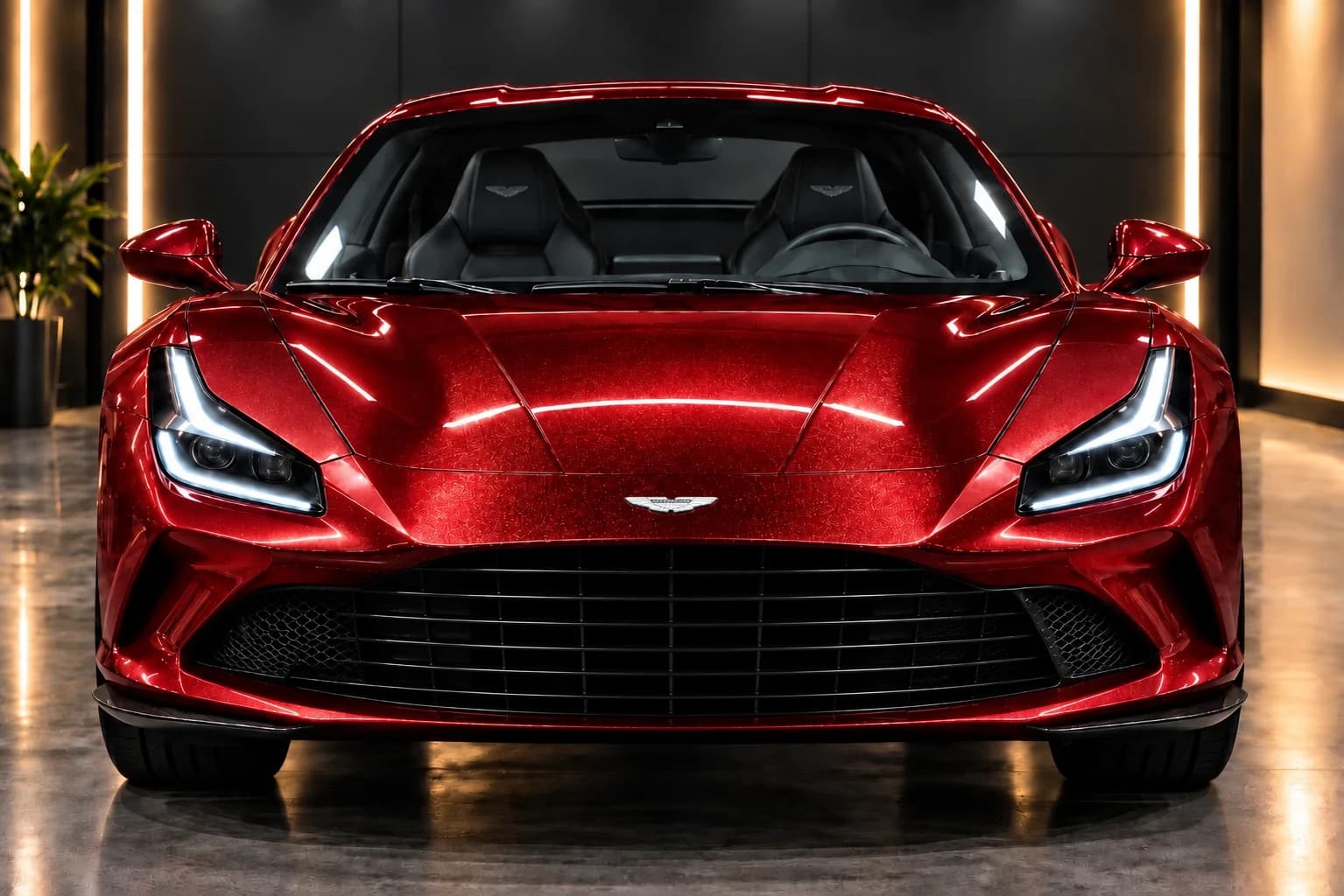 A vehicle wrapped in AusPPF Jade Red paint protection film, photographed in a showroom.