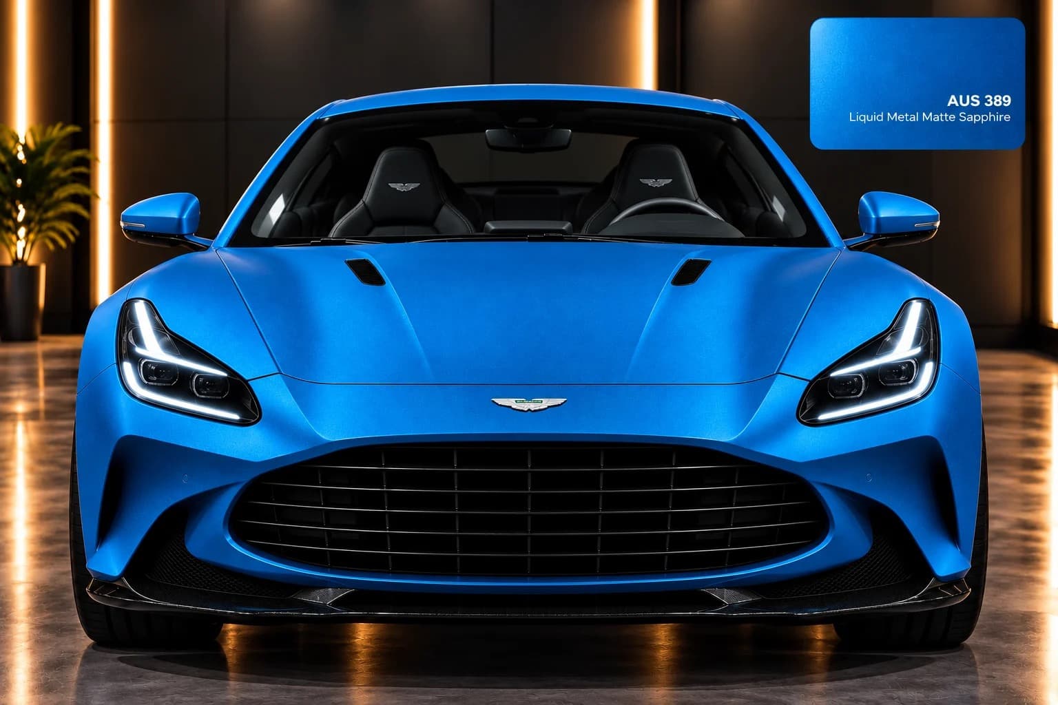 A vehicle wrapped in AusPPF Liquid Metal Matte Sapphire paint protection film, photographed in a showroom.
