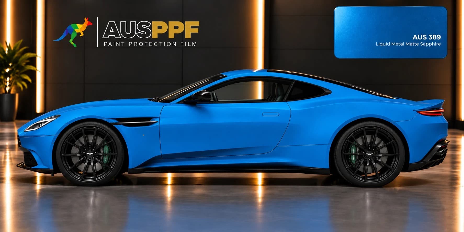 Another view of a vehicle wrapped in AusPPF Liquid Metal Matte Sapphire paint protection film, in a showroom.