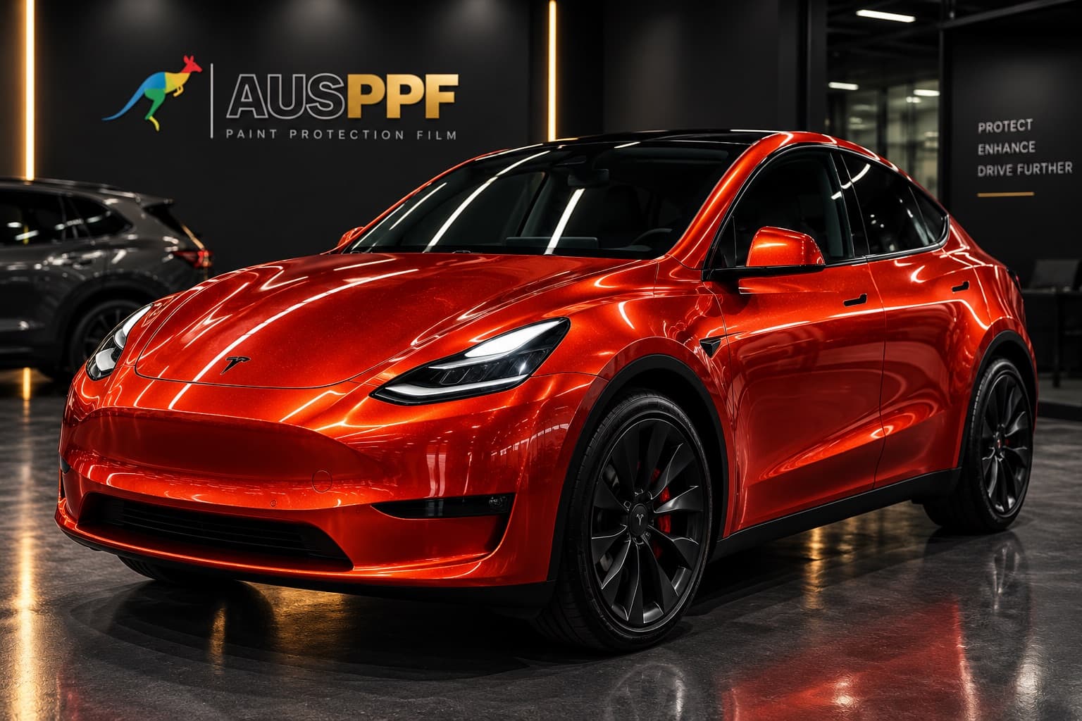 An SUV wrapped in AusPPF Liquid Metal Orange paint protection film, front three-quarter view in a showroom.