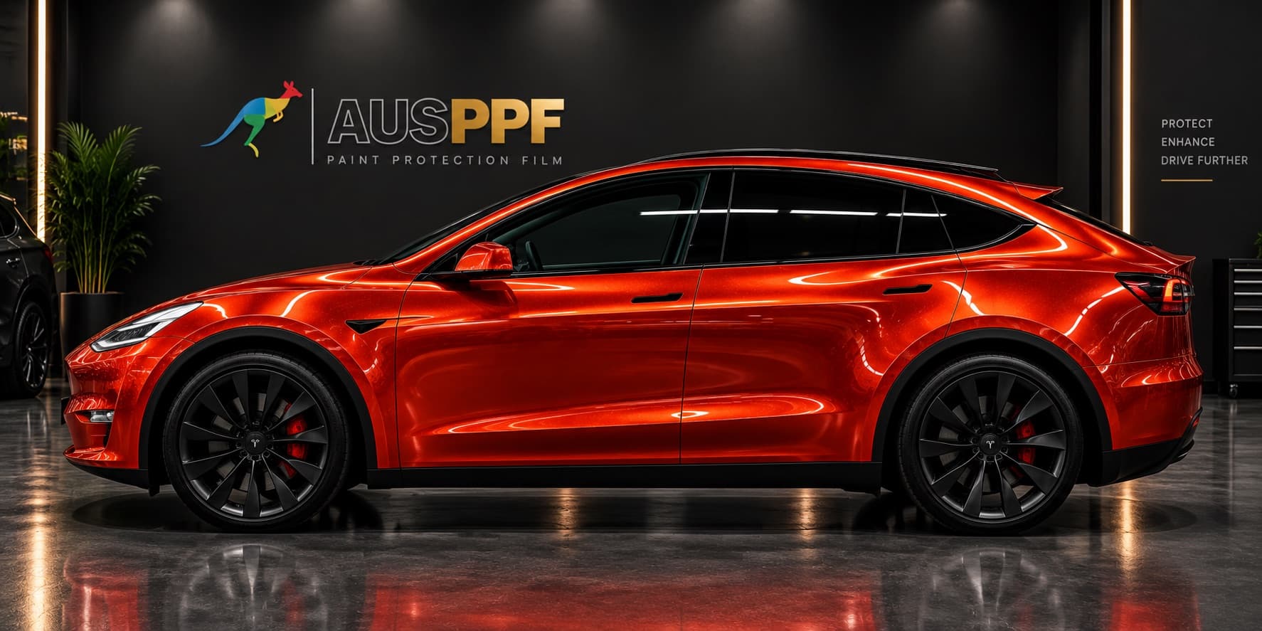 The same SUV wrapped in AusPPF Liquid Metal Orange paint protection film, side profile in a showroom.
