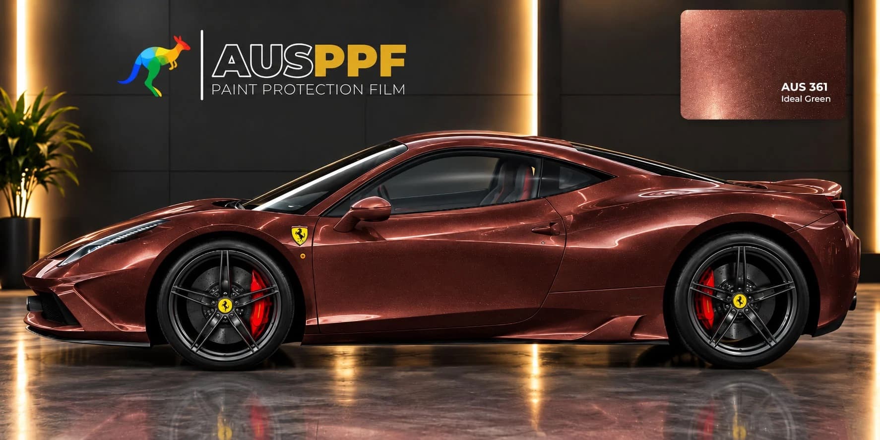 A vehicle wrapped in AusPPF Matte Black Red paint protection film, photographed in a showroom.