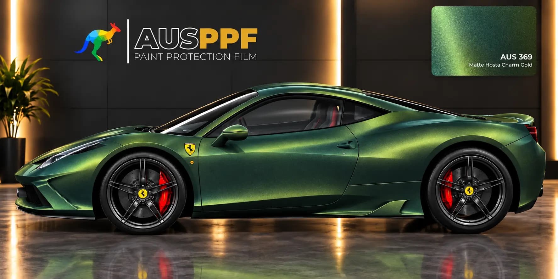 A vehicle wrapped in AusPPF Matte Hosta Charm Gold paint protection film, photographed in a showroom.