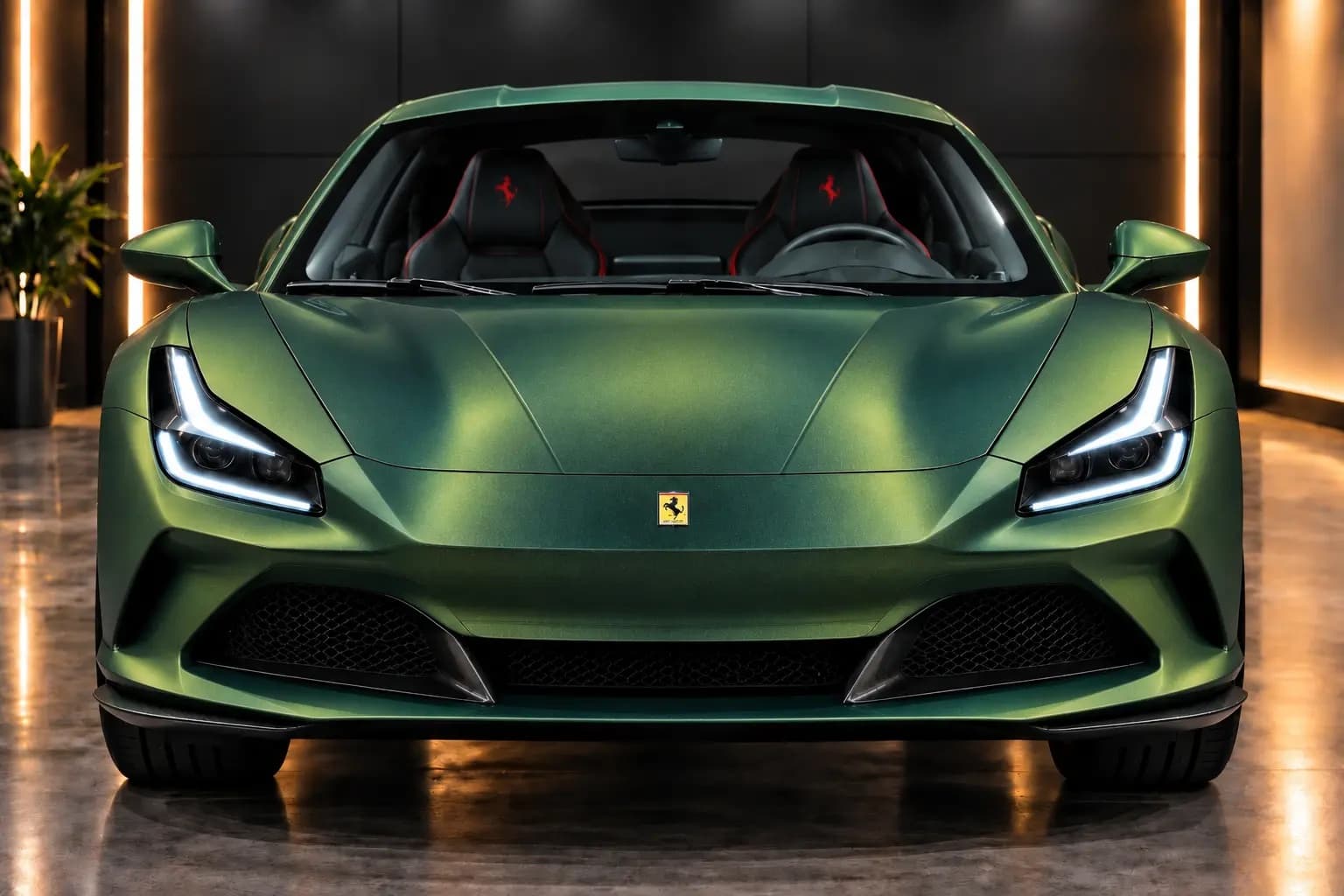 Another view of a vehicle wrapped in AusPPF Matte Hosta Charm Gold paint protection film, in a showroom.