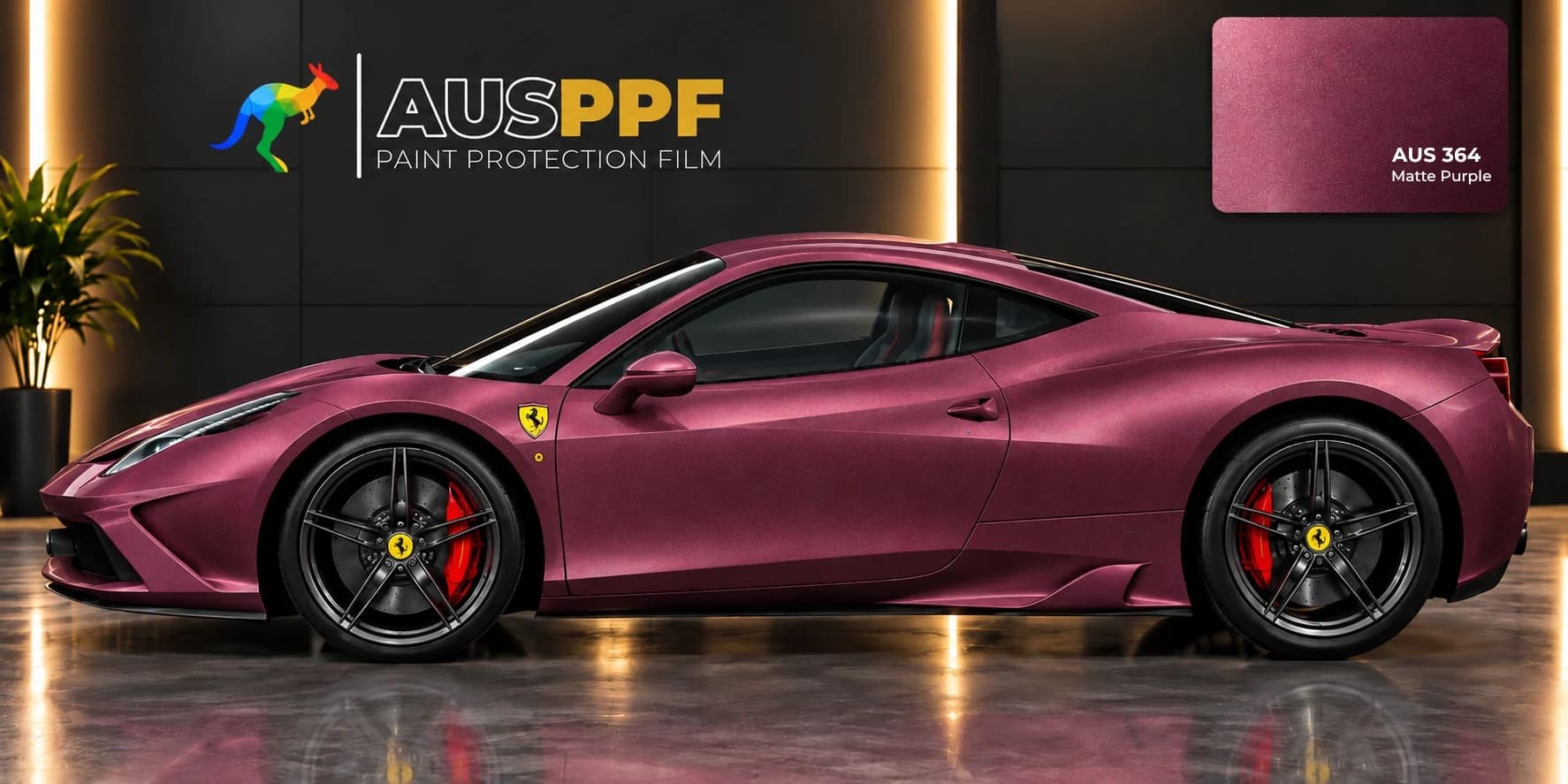 A vehicle wrapped in AusPPF Matte Purple paint protection film, photographed in a showroom.