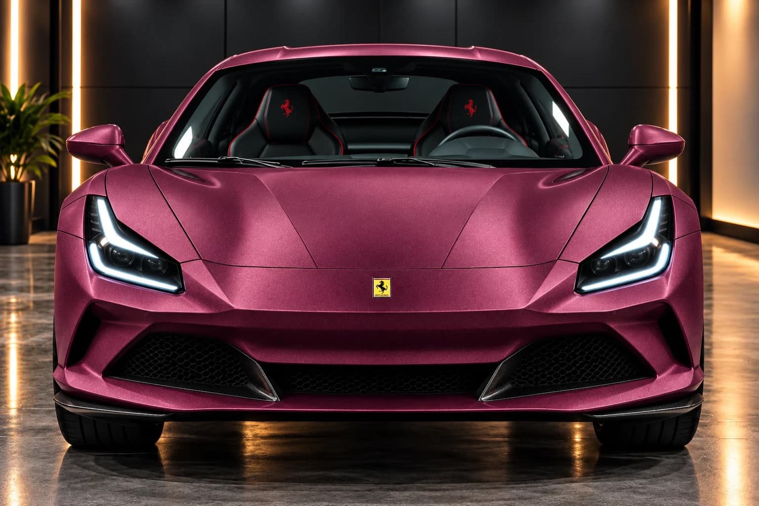 Another view of a vehicle wrapped in AusPPF Matte Purple paint protection film, in a showroom.