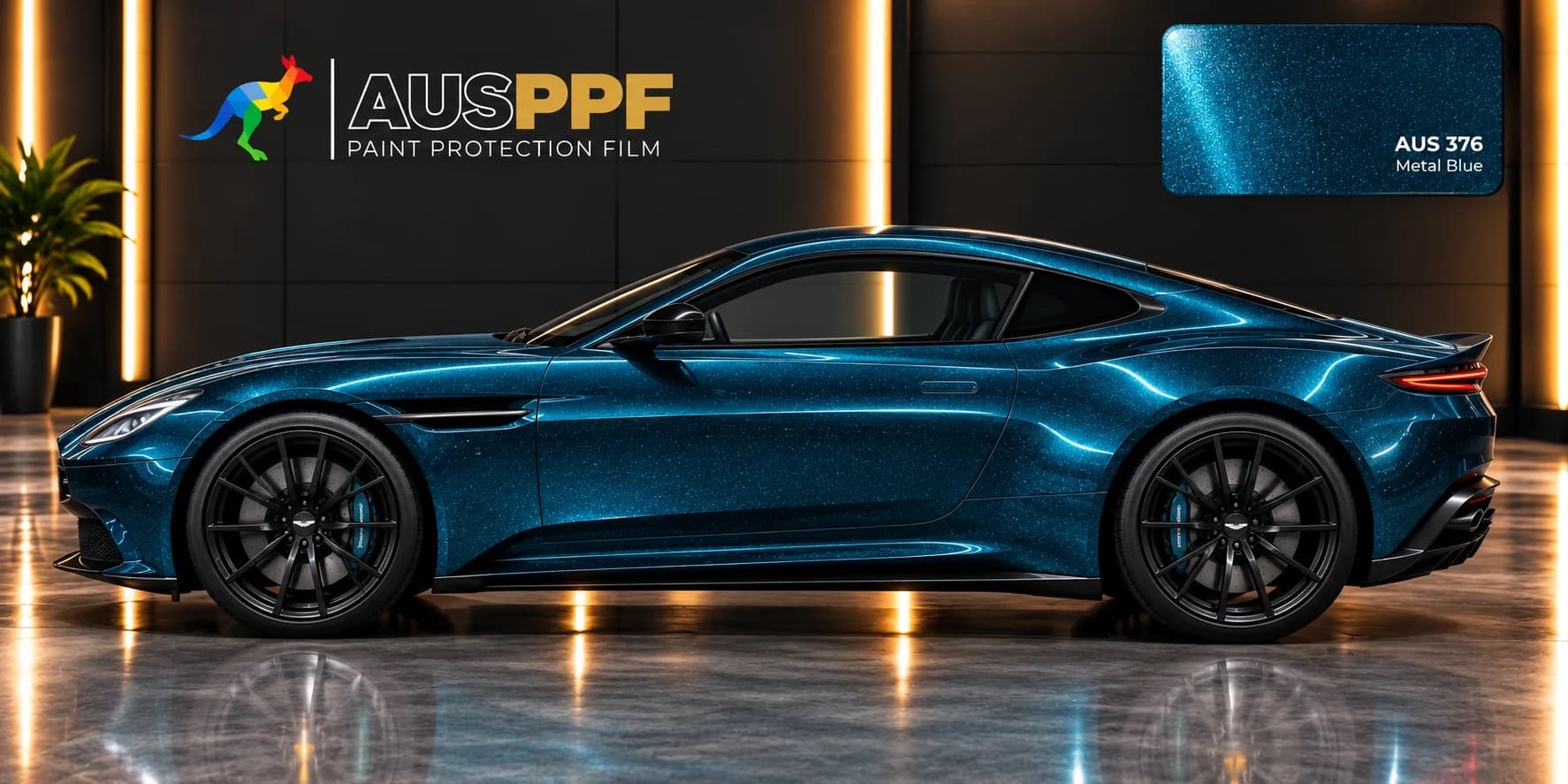 A vehicle wrapped in AusPPF Metal Blue paint protection film, photographed in a showroom.