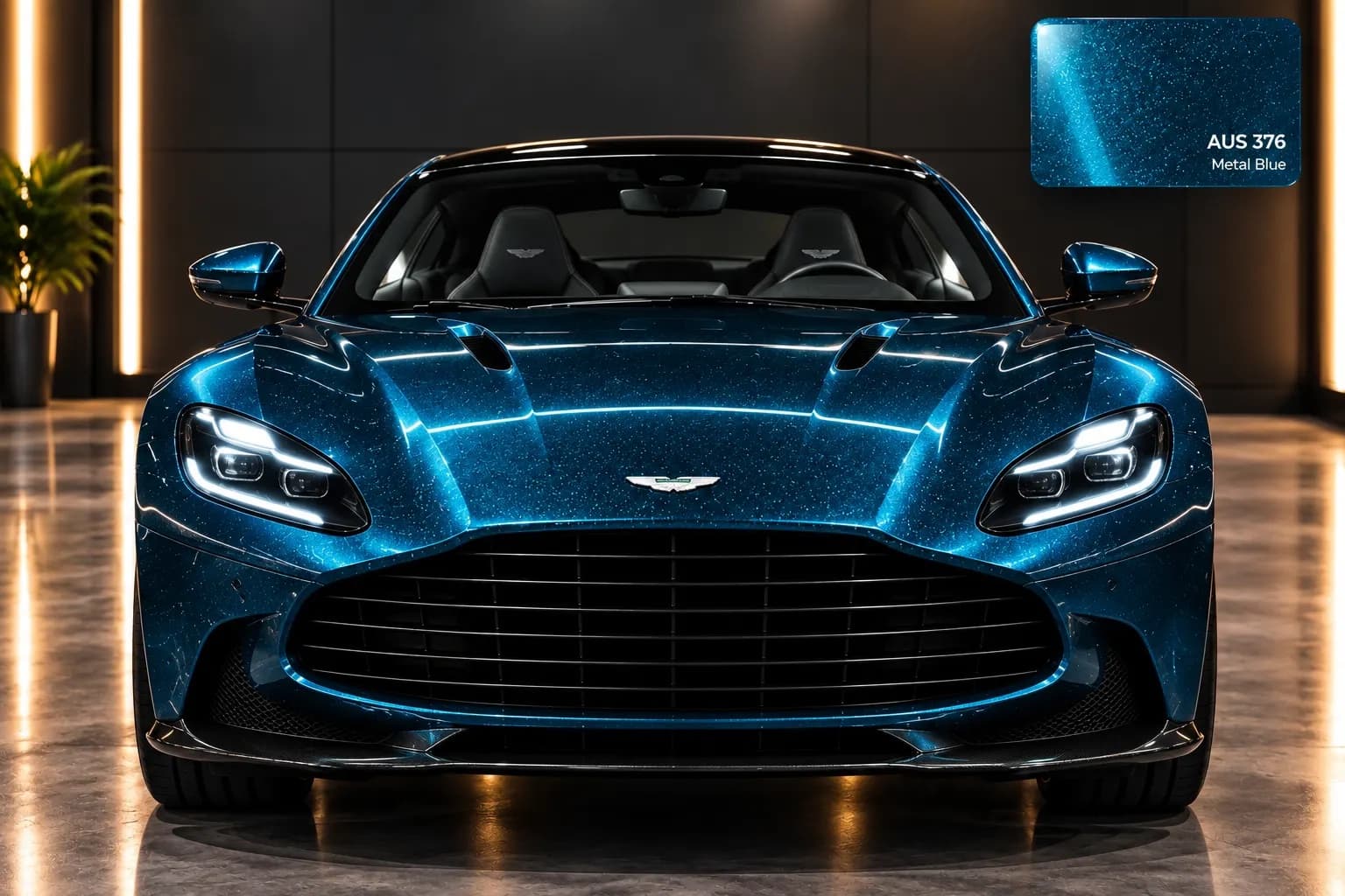 Another view of a vehicle wrapped in AusPPF Metal Blue paint protection film, in a showroom.