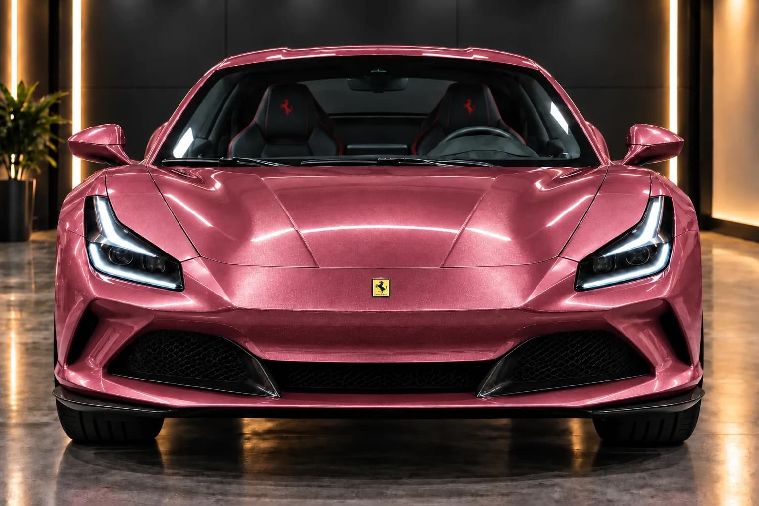 Another view of a vehicle wrapped in AusPPF Passion Pink paint protection film, in a showroom.