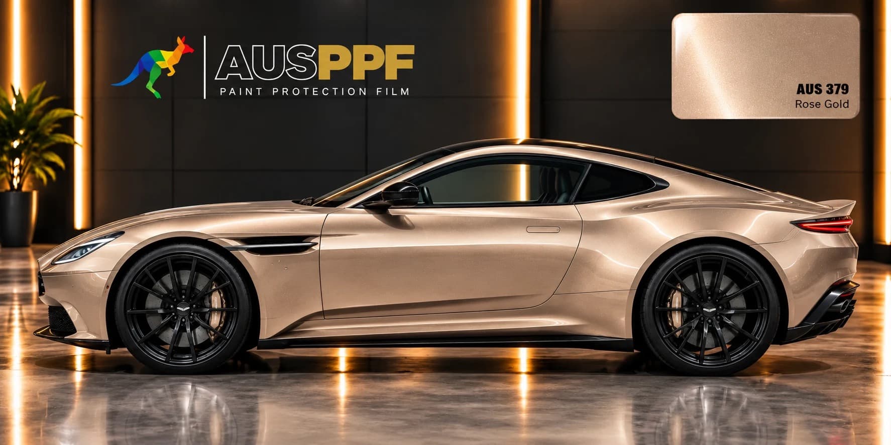 A vehicle wrapped in AusPPF Rose Gold paint protection film, photographed in a showroom.