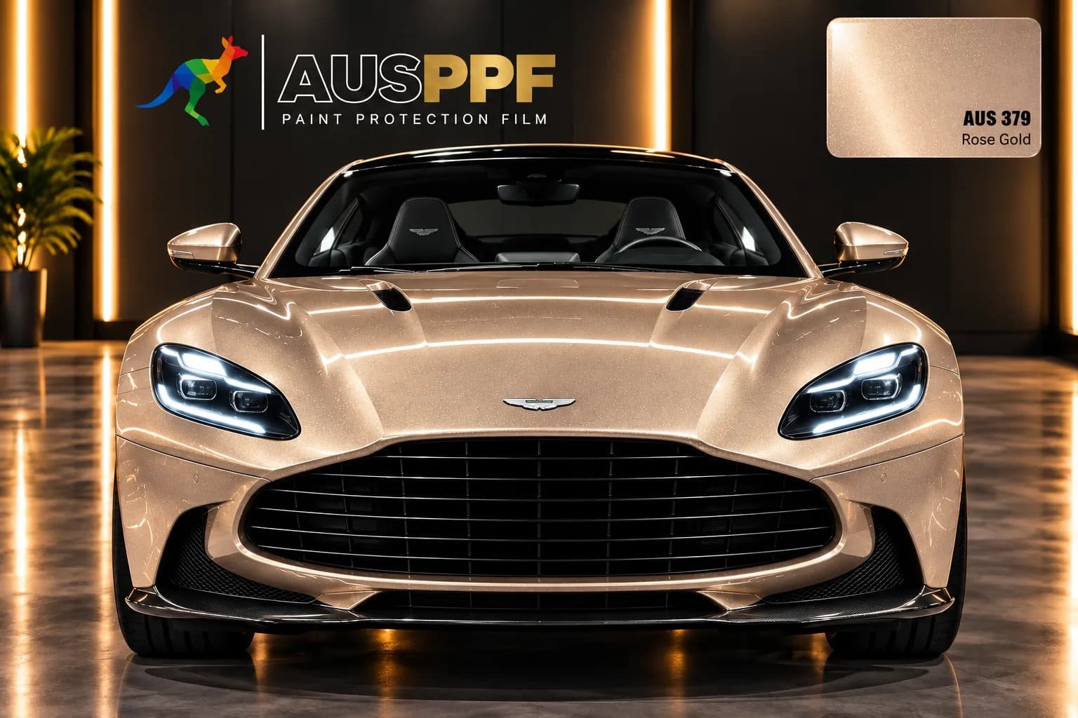 Another view of a vehicle wrapped in AusPPF Rose Gold paint protection film, in a showroom.