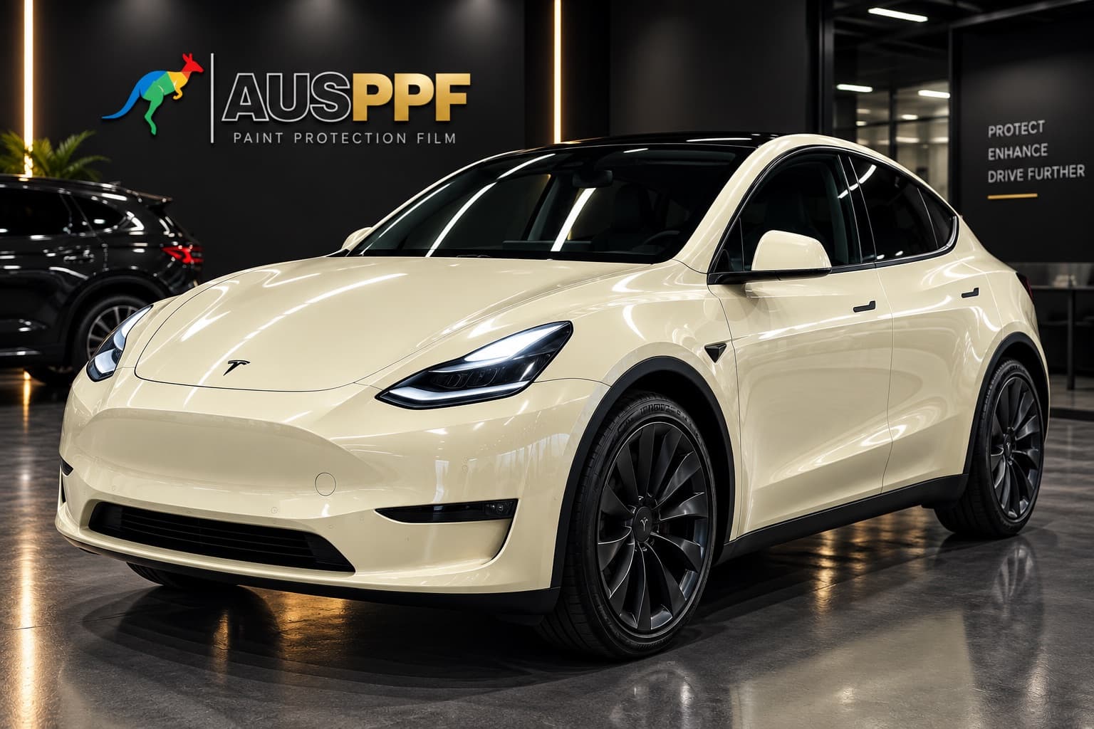 An SUV wrapped in AusPPF Sahara Yellow paint protection film, front three-quarter view in a showroom.