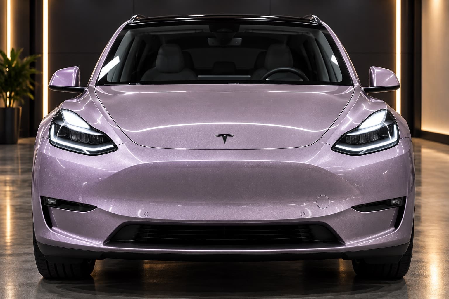 A vehicle wrapped in AusPPF Shimmering Purple paint protection film, photographed in a showroom.
