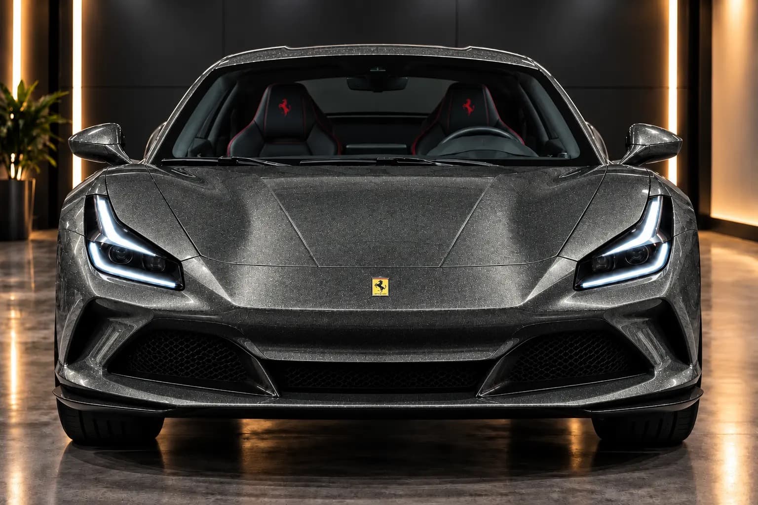 A vehicle wrapped in AusPPF Sky Gray paint protection film, photographed in a showroom.
