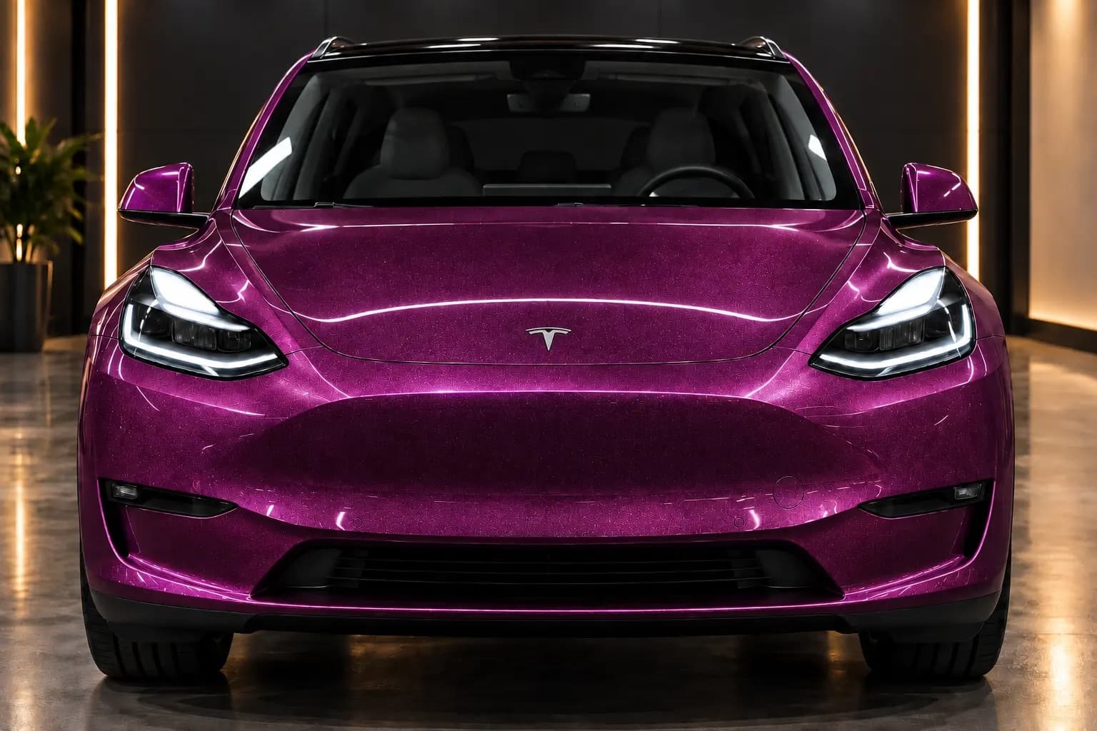 A vehicle wrapped in AusPPF Purple paint protection film, photographed in a showroom.