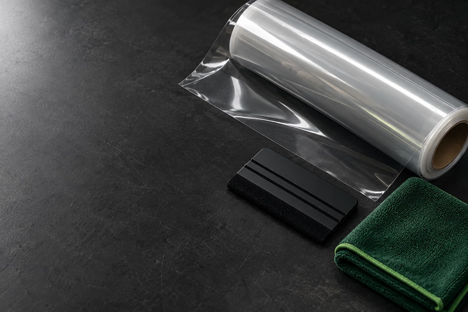 A roll of clear paint protection film on a workbench beside a squeegee and a green microfibre cloth.