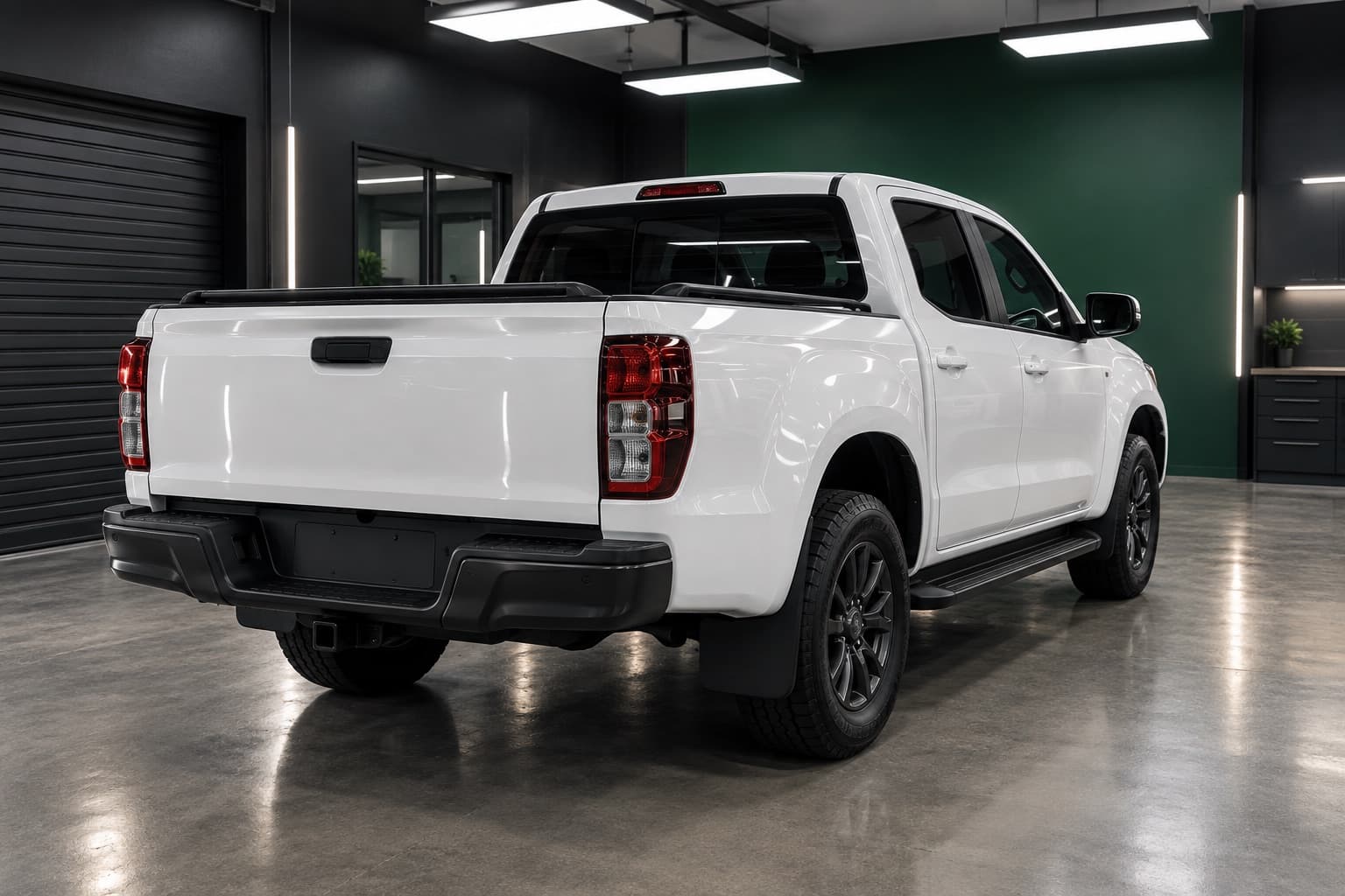 A white dual-cab ute on a polished concrete floor in a dark workshop with a green wall.